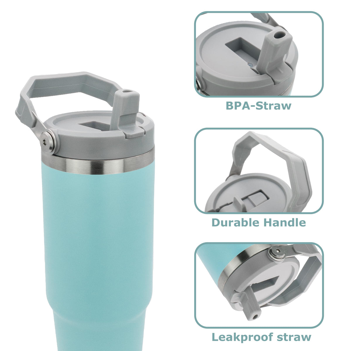 Obiatar 30 oz Tumbler with Handle | Insulated Tumbler with 100% Leak-Proof Lid and Straw | Stainless Steel Vacuum Water Bottle Travel Mug | Keeps Cold & Hot Drink (Light Blue)