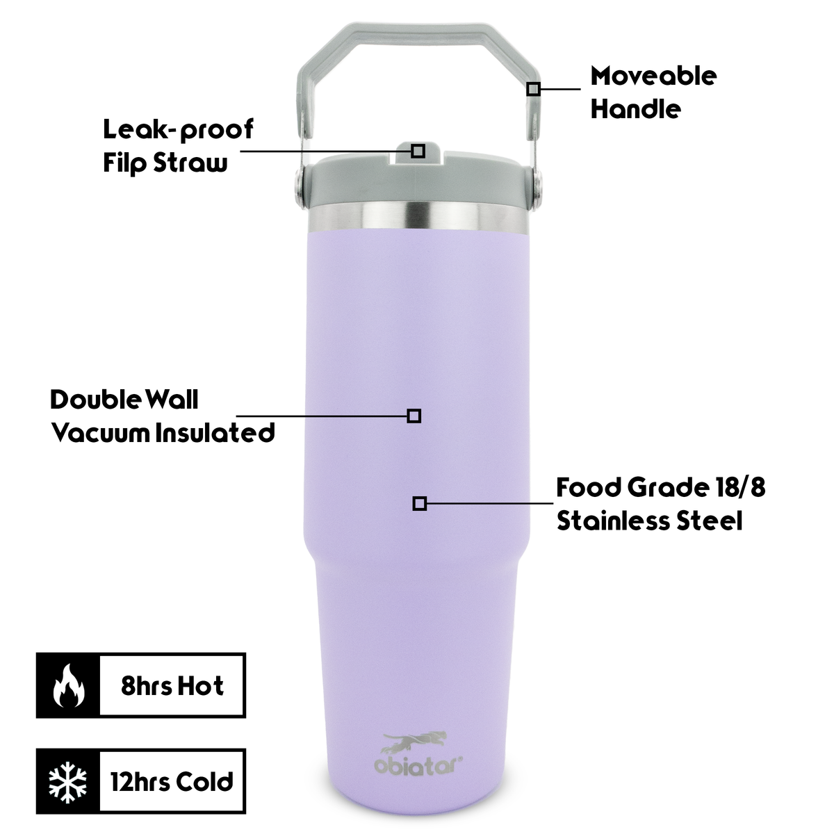30 oz Tumbler with Handle | Insulated Tumbler with Lid and Straw | Stainless Steel Vacuum Water Bottle Travel Mug | Keeps Cold & Hot Drink (Lavender)