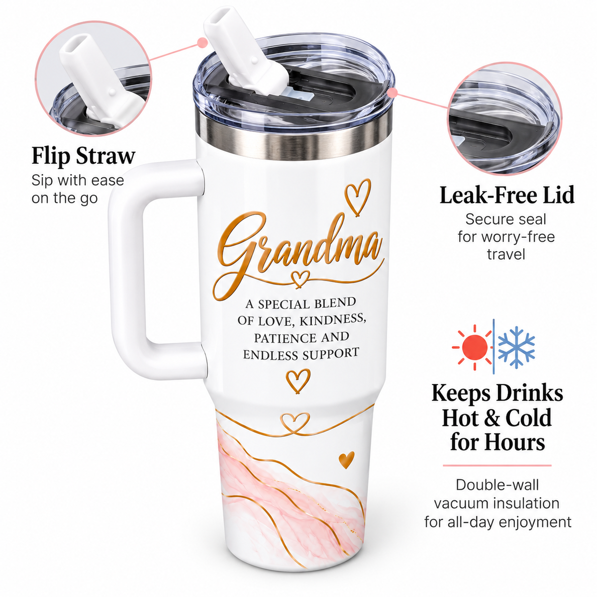 Grandma “A Special Blend of Love” 40oz Tumbler – Leak-Free Flip Straw Stainless Steel Cup