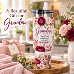 Grandma 40 oz Tumbler with Handle & Flip Straw Lid, Floral Insulated Stainless Steel Travel Cup, Cupholder Friendly, Hot & Cold Drink Mug, Gift for Grandma