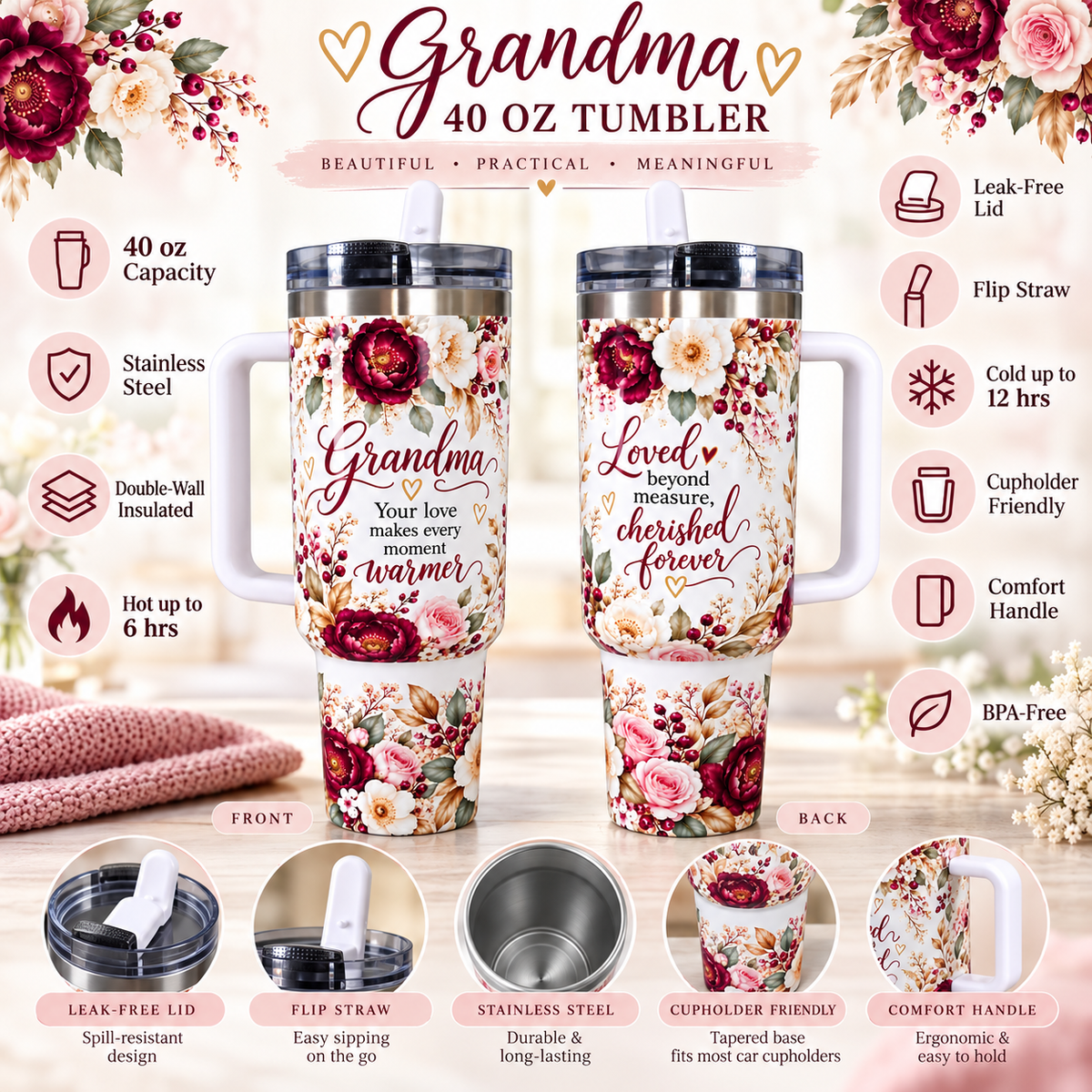 Grandma 40 oz Tumbler with Handle & Flip Straw Lid, Floral Insulated Stainless Steel Travel Cup, Cupholder Friendly, Hot & Cold Drink Mug, Gift for Grandma