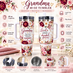 Grandma 40 oz Tumbler with Handle & Flip Straw Lid, Floral Insulated Stainless Steel Travel Cup, Cupholder Friendly, Hot & Cold Drink Mug, Gift for Grandma