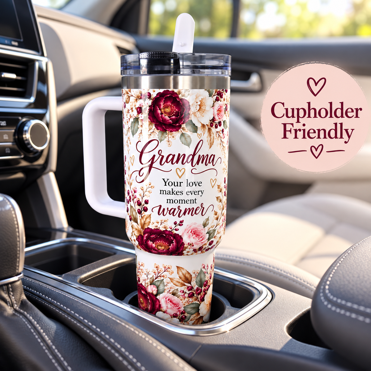 Grandma 40 oz Tumbler with Handle & Flip Straw Lid, Floral Insulated Stainless Steel Travel Cup, Cupholder Friendly, Hot & Cold Drink Mug, Gift for Grandma