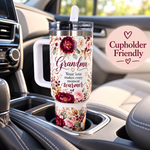 Grandma 40 oz Tumbler with Handle & Flip Straw Lid, Floral Insulated Stainless Steel Travel Cup, Cupholder Friendly, Hot & Cold Drink Mug, Gift for Grandma