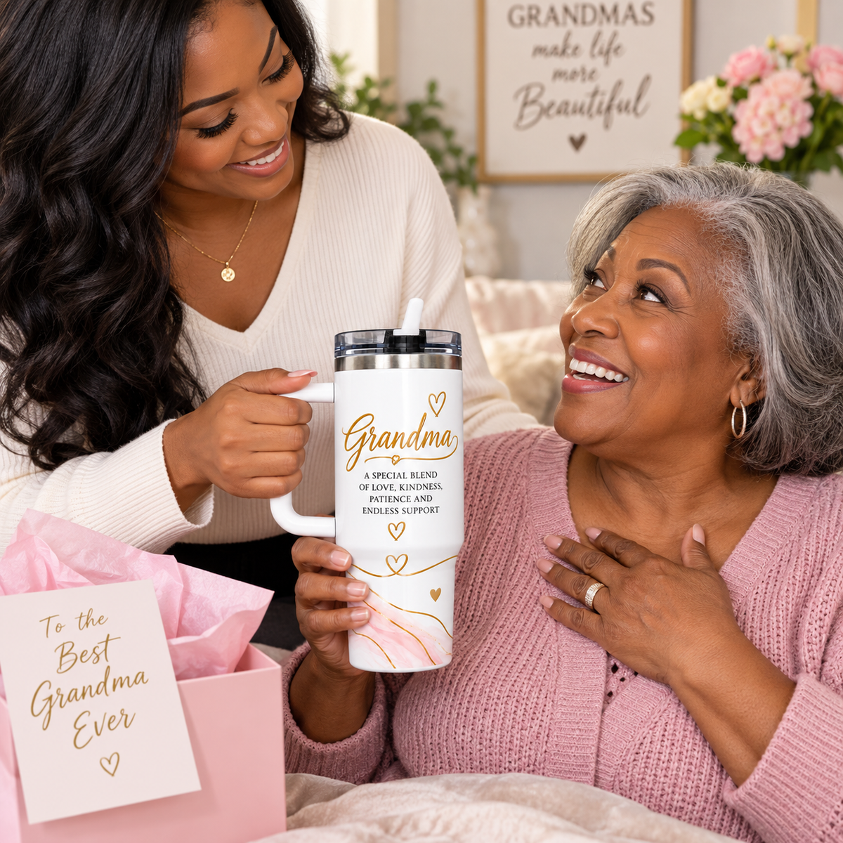 Grandma “A Special Blend of Love” 40oz Tumbler – Leak-Free Flip Straw Stainless Steel Cup