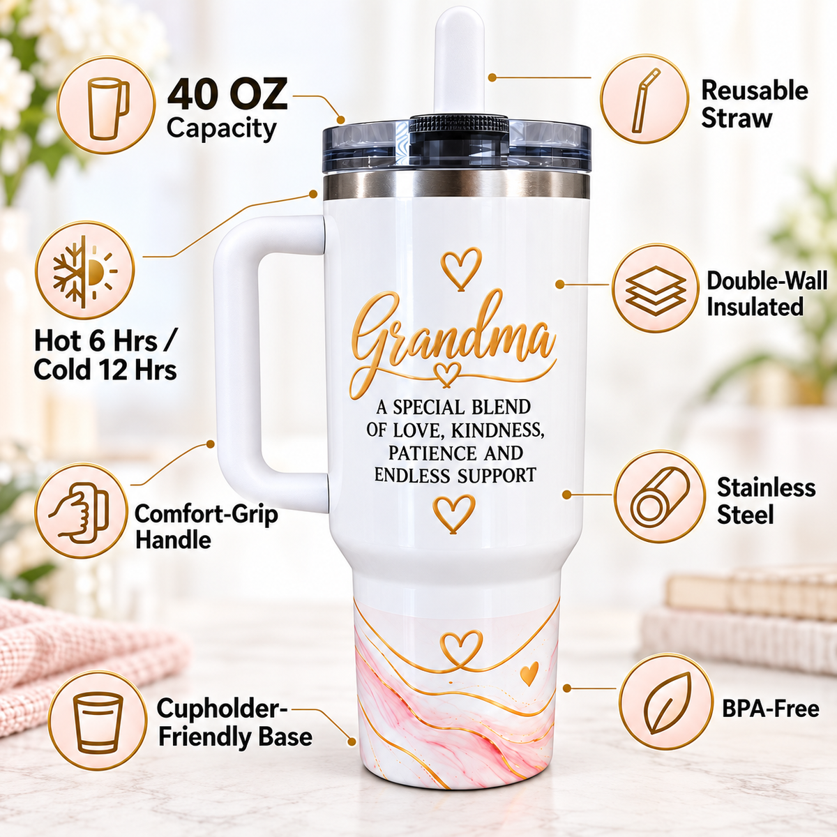 Grandma “A Special Blend of Love” 40oz Tumbler – Leak-Free Flip Straw Stainless Steel Cup
