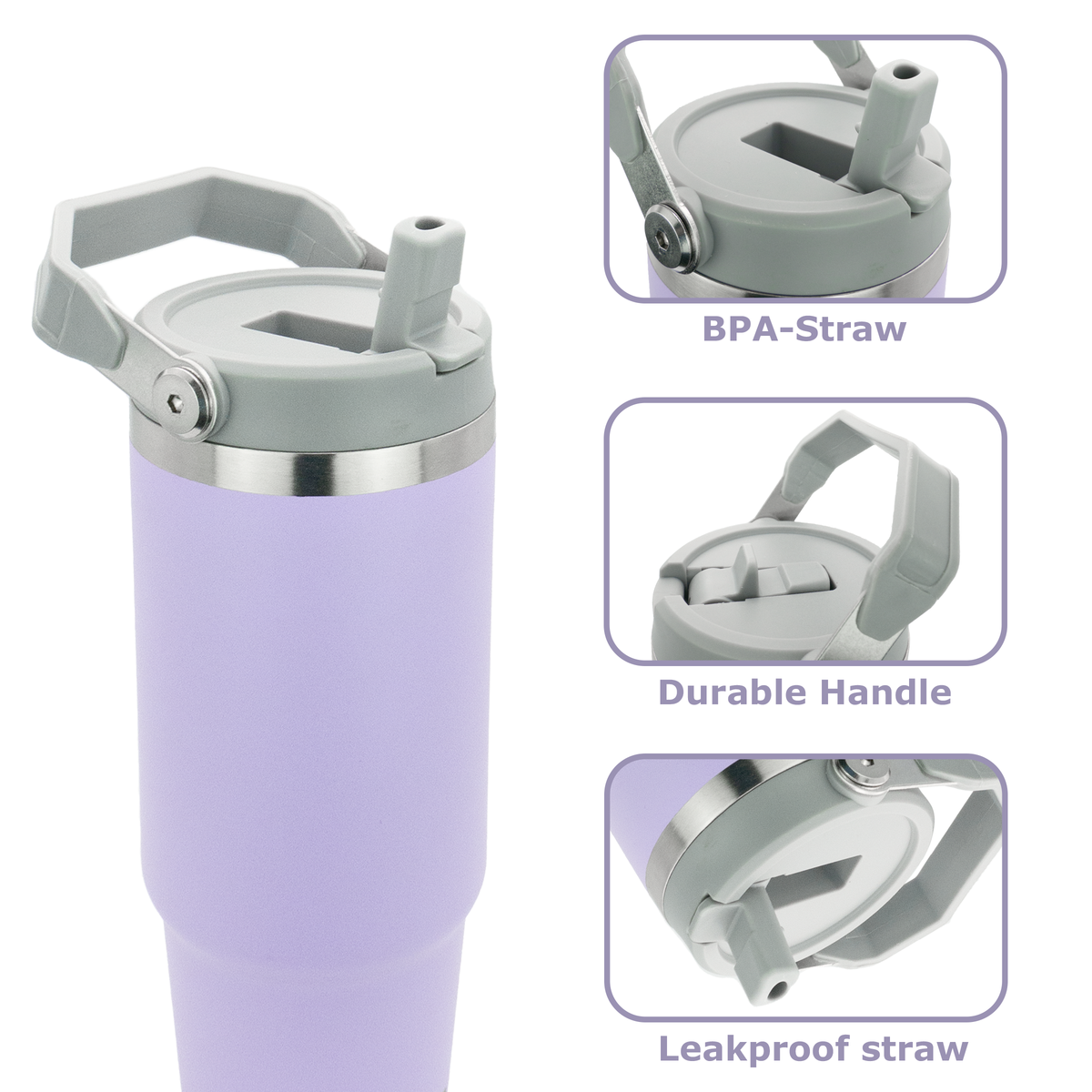 30 oz Tumbler with Handle | Insulated Tumbler with Lid and Straw | Stainless Steel Vacuum Water Bottle Travel Mug | Keeps Cold & Hot Drink (Lavender)