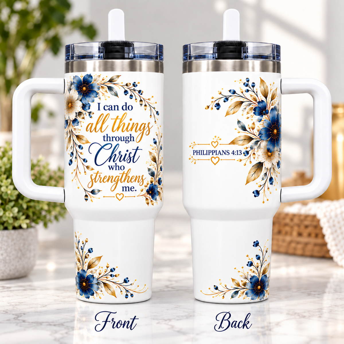 Philippians 4:13 Christian 40oz Tumbler with Handle – Floral Faith Insulated Travel Cup, “I Can Do All Things Through Christ”