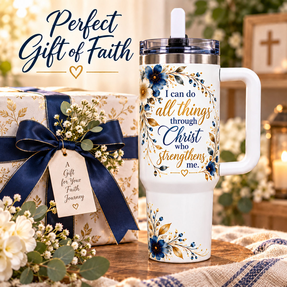 Philippians 4:13 Christian 40oz Tumbler with Handle – Floral Faith Insulated Travel Cup, “I Can Do All Things Through Christ”