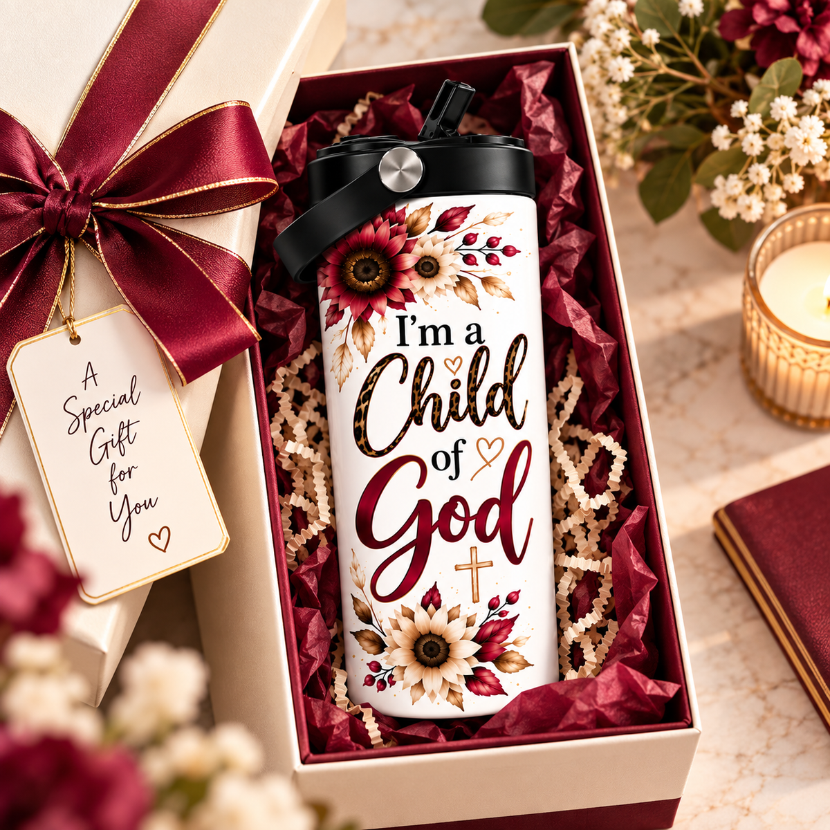 I'm a Child of God 20oz Straight Tumbler with Flip Straw Lid – Christian Floral Insulated Travel Mug