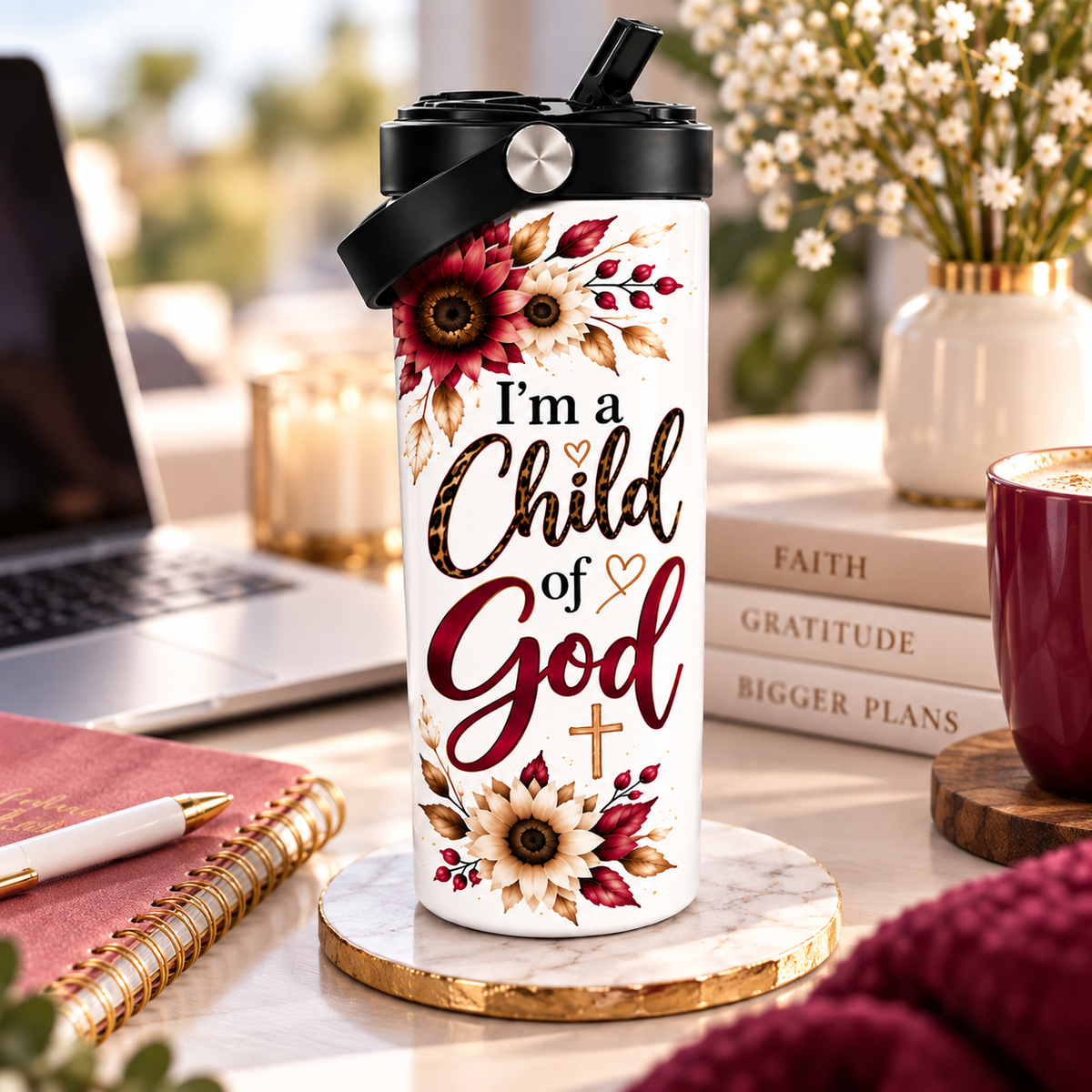 I'm a Child of God 20oz Straight Tumbler with Flip Straw Lid – Christian Floral Insulated Travel Mug