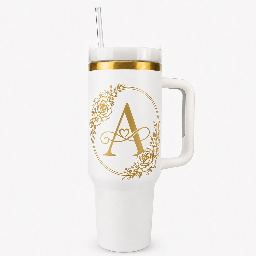 Engraved Personalized White 40 oz Floral Monogram Tumbler, Gold Accent, Handle & Straw (Floral Initial A-Z))