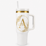 Engraved Personalized White 40 oz Floral Monogram Tumbler, Gold Accent, Handle & Straw (Floral Initial A-Z))