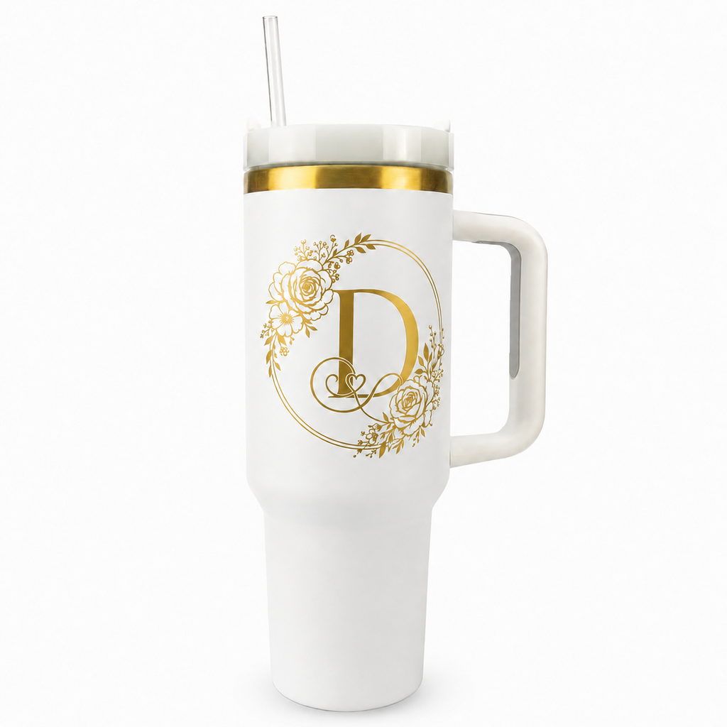 Engraved Personalized White 40 oz Floral Monogram Tumbler, Gold Accent, Handle & Straw (Floral Initial A-Z))