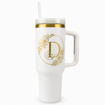 Engraved Personalized White 40 oz Floral Monogram Tumbler, Gold Accent, Handle & Straw (Floral Initial A-Z))