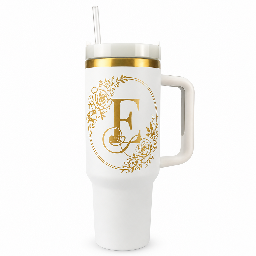Engraved Personalized White 40 oz Floral Monogram Tumbler, Gold Accent, Handle & Straw (Floral Initial A-Z))