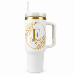Engraved Personalized White 40 oz Floral Monogram Tumbler, Gold Accent, Handle & Straw (Floral Initial A-Z))