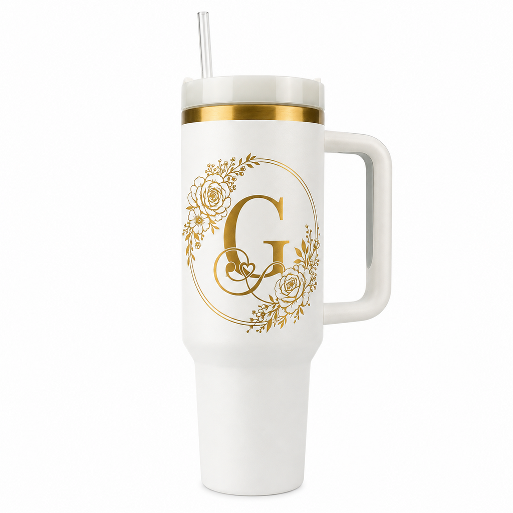 Engraved Personalized White 40 oz Floral Monogram Tumbler, Gold Accent, Handle & Straw (Floral Initial A-Z))