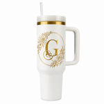 Engraved Personalized White 40 oz Floral Monogram Tumbler, Gold Accent, Handle & Straw (Floral Initial A-Z))