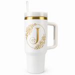 Engraved Personalized White 40 oz Floral Monogram Tumbler, Gold Accent, Handle & Straw (Floral Initial A-Z))