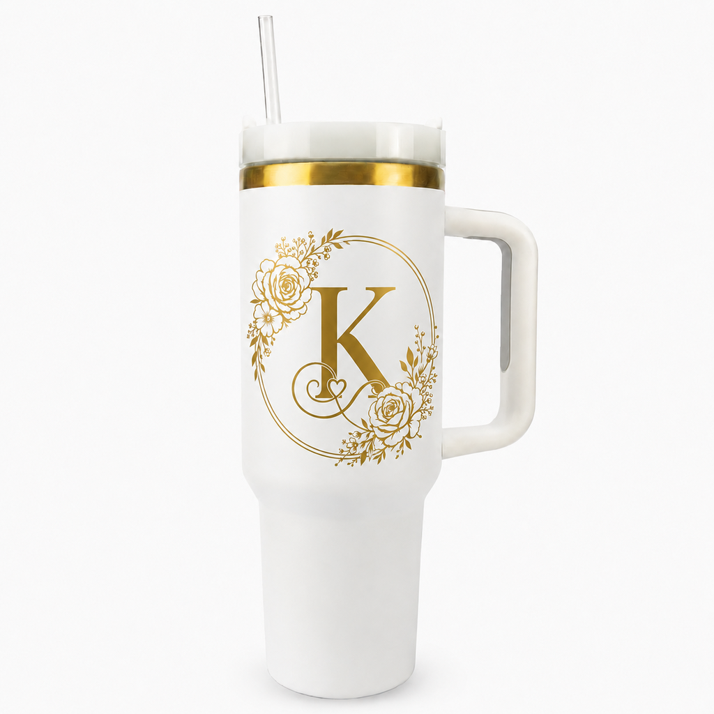 Engraved Personalized White 40 oz Floral Monogram Tumbler, Gold Accent, Handle & Straw (Floral Initial A-Z))