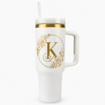 Engraved Personalized White 40 oz Floral Monogram Tumbler, Gold Accent, Handle & Straw (Floral Initial A-Z))