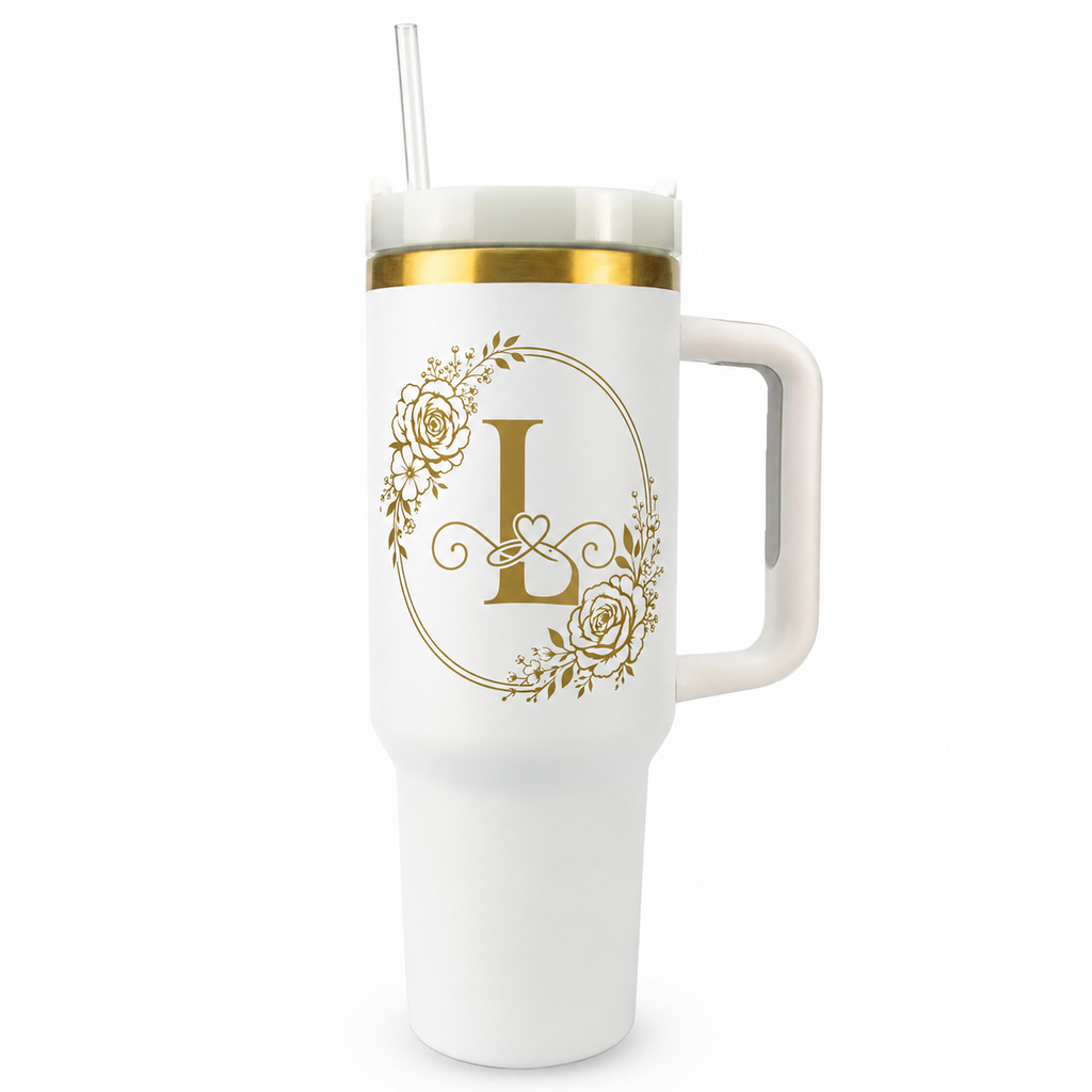 Engraved Personalized White 40 oz Floral Monogram Tumbler, Gold Accent, Handle & Straw (Floral Initial A-Z))