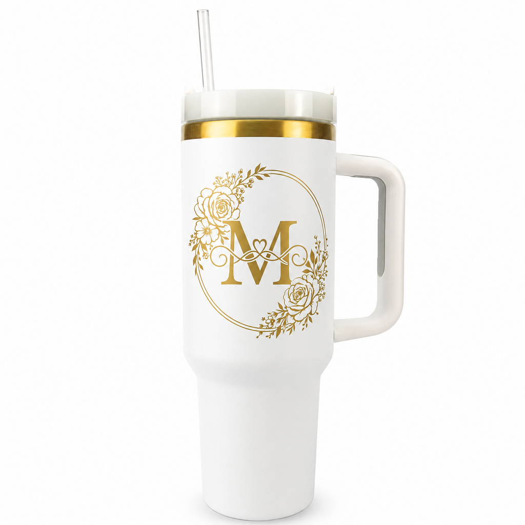 Engraved Personalized White 40 oz Floral Monogram Tumbler, Gold Accent, Handle & Straw (Floral Initial A-Z))
