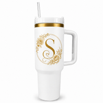 Engraved Personalized White 40 oz Floral Monogram Tumbler, Gold Accent, Handle & Straw (Floral Initial A-Z))