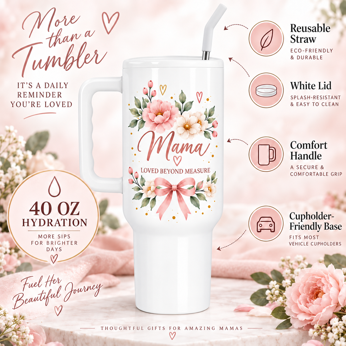 Mama Loved Beyond Measure 40oz Tumbler – Floral Mom Gift with Handle & Straw