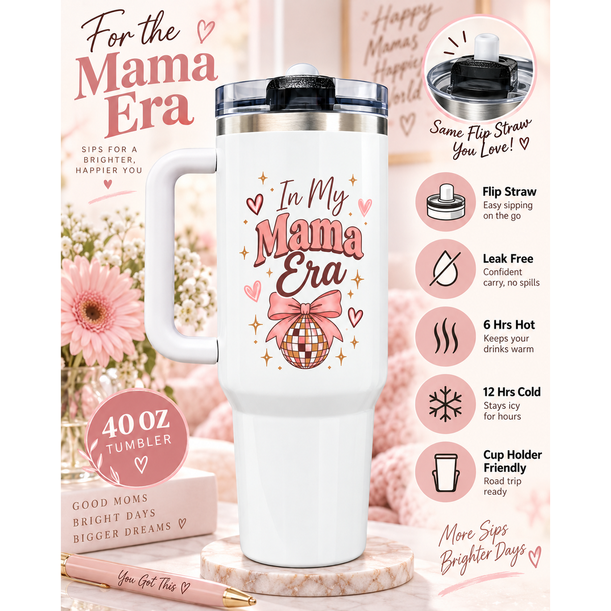 "In My Mama Era" 40oz Sublimation Tumbler | Leak-Proof Flip Straw & Stainless Steel Travel Mug