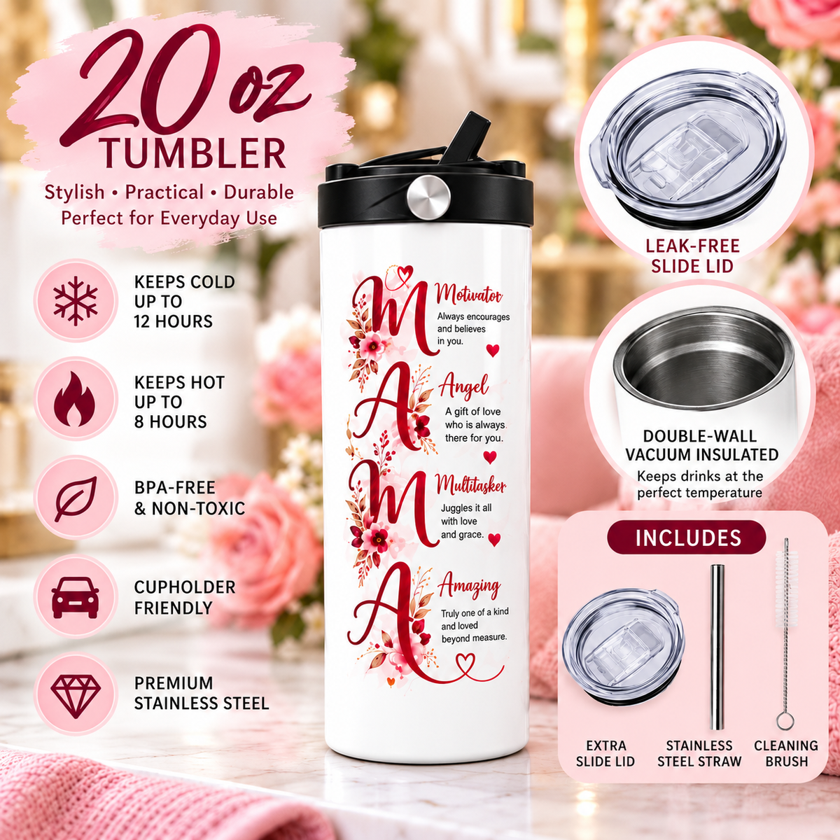 MAMA Definition 20 oz Tumbler for Mom – Insulated Travel Cup with Handle & Flip Straw