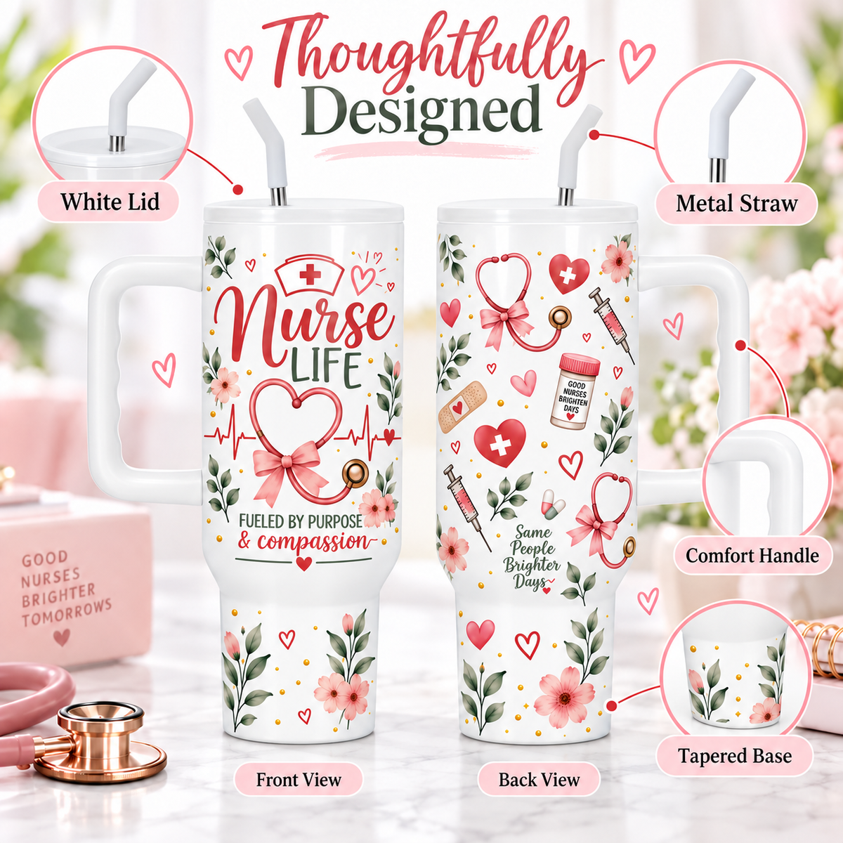 Nurse Life 40oz Tumbler – Insulated Nurse Gift Cup with Handle & Straw