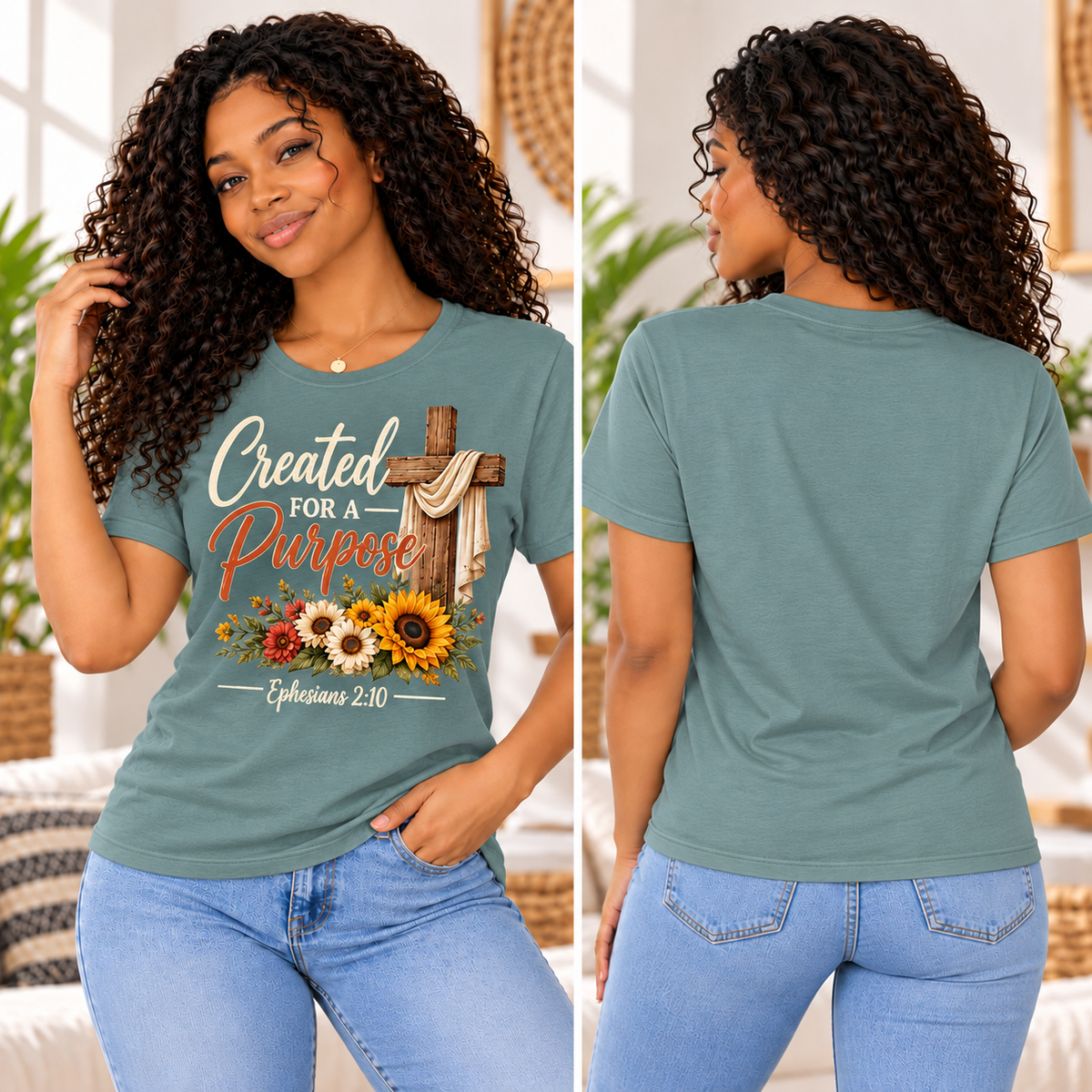 Created for a Purpose Ephesians 2:10 Bay model wearing front and plain back