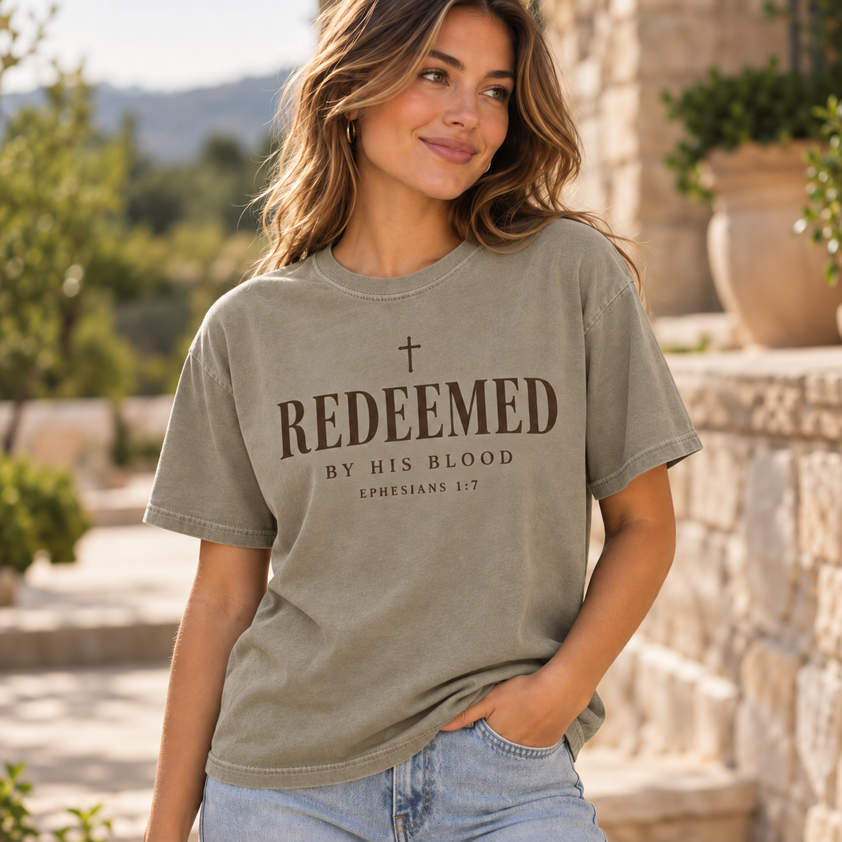Obiatar Redeemed by His Blood Christian graphic T-shirt Bay on model