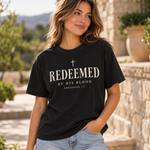 Obiatar Redeemed by His Blood Christian graphic T-shirt Black on model