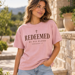 Obiatar Redeemed by His Blood Christian graphic T-shirt Blossom on model