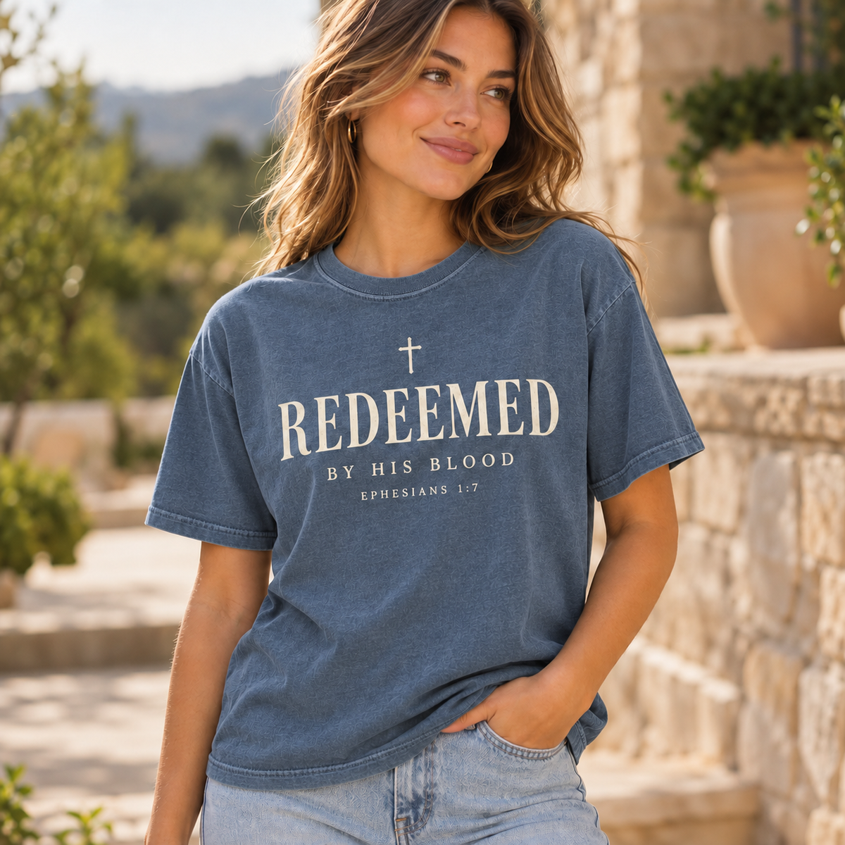 Obiatar Redeemed by His Blood Christian graphic T-shirt Denim on model