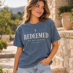 Obiatar Redeemed by His Blood Christian graphic T-shirt Denim on model