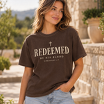 Obiatar Redeemed by His Blood Christian graphic T-shirt Espresso on model