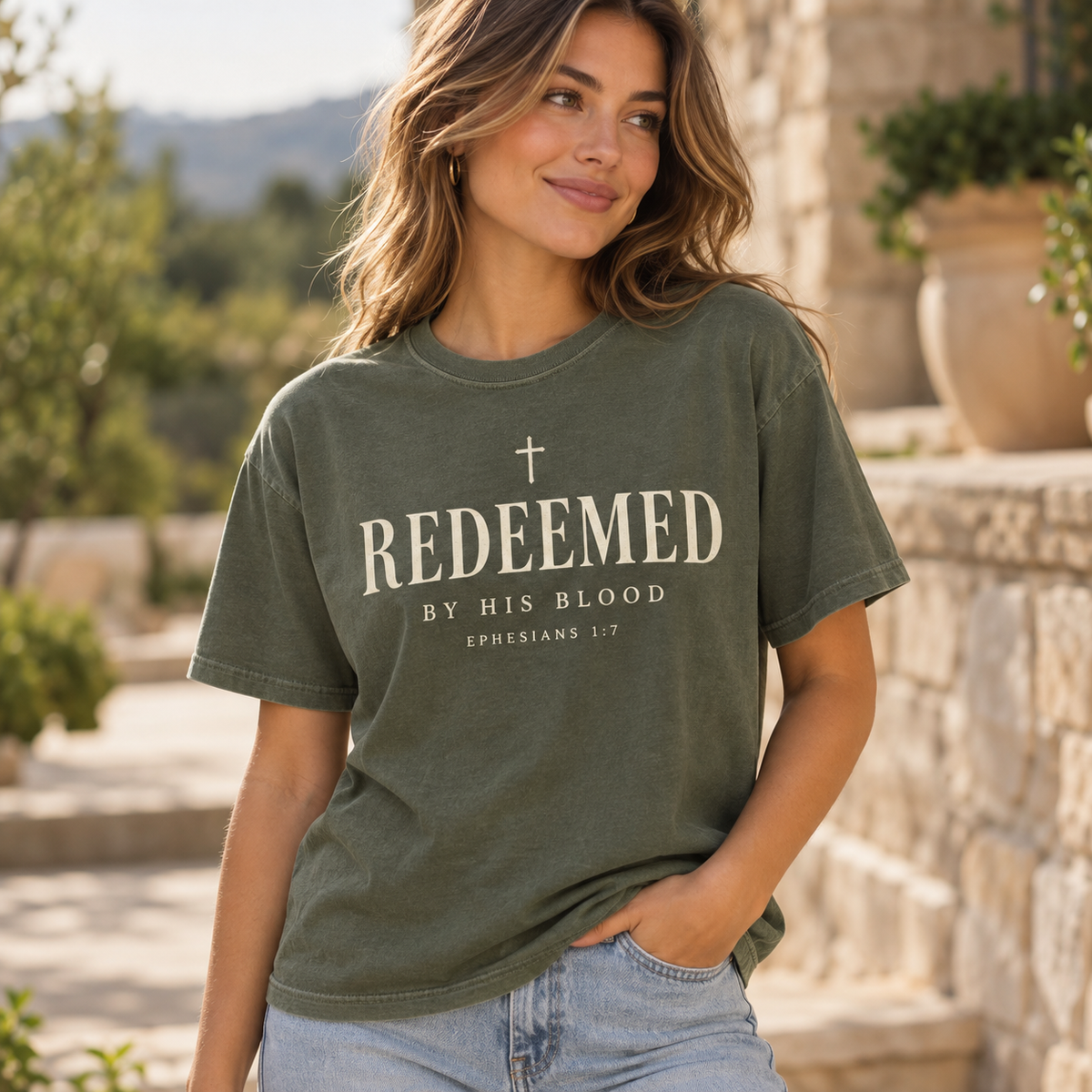 Obiatar Redeemed by His Blood Christian graphic T-shirt Moss on model