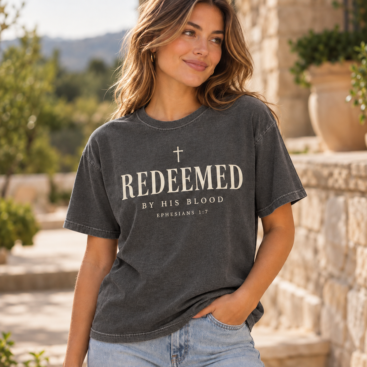 Obiatar Redeemed by His Blood Christian graphic T-shirt Pepper on model