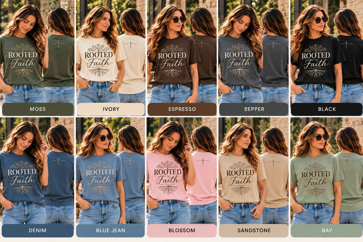Rooted in Faith Heritage ten colors front and back model mockup comparison