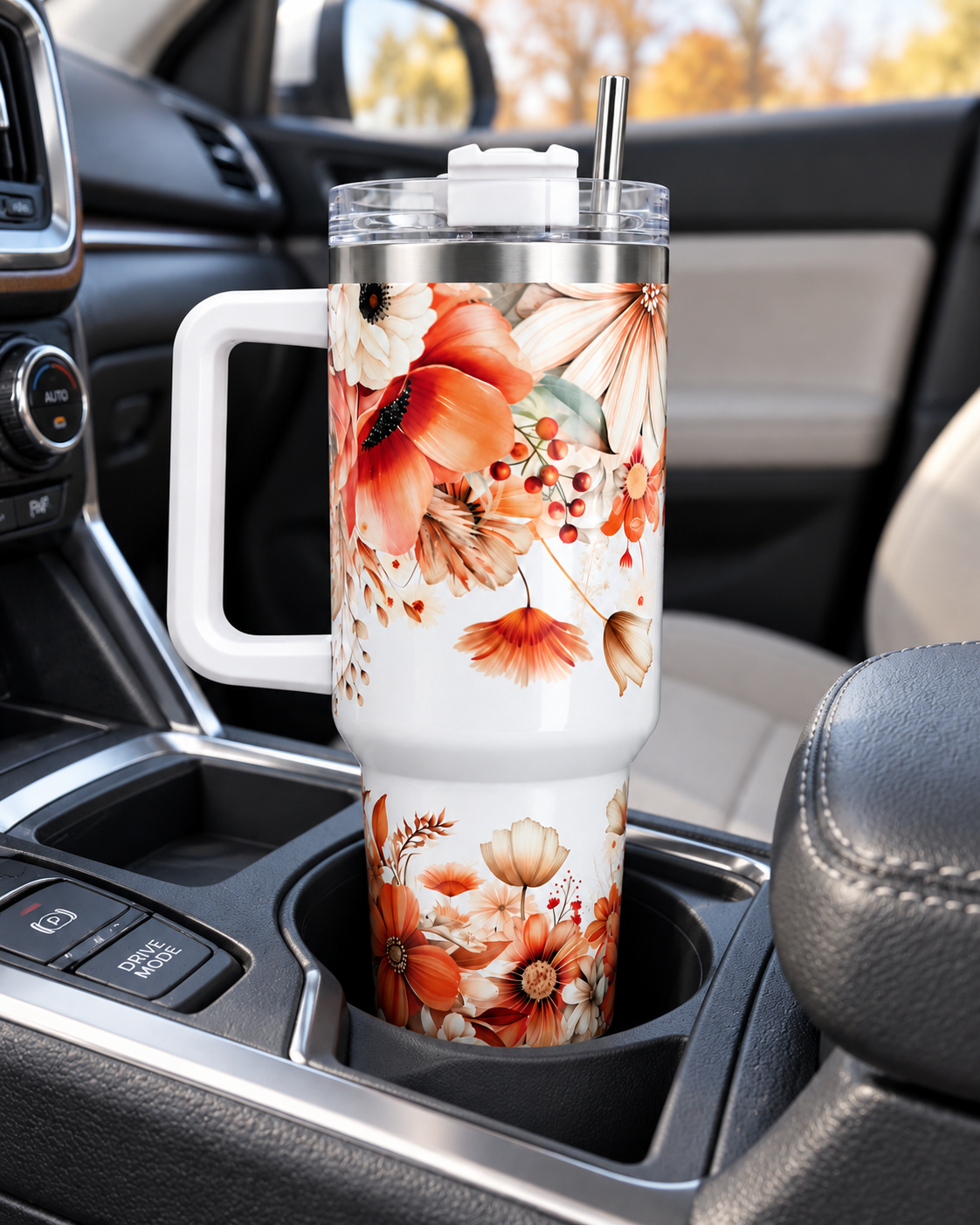 Autumn Floral 40oz Stainless Steel Tumbler – Leak-Free Flip Straw Travel Cup