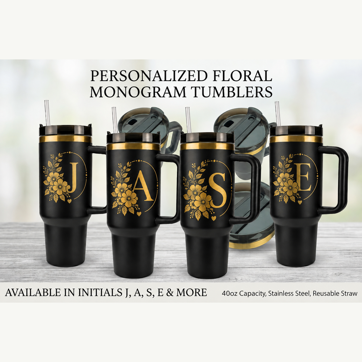 Engraved Personalized Black 40 oz Floral Botanical Monogram Tumbler, Gold Accent, Handle & Straw (Floral Botanical A-Z))