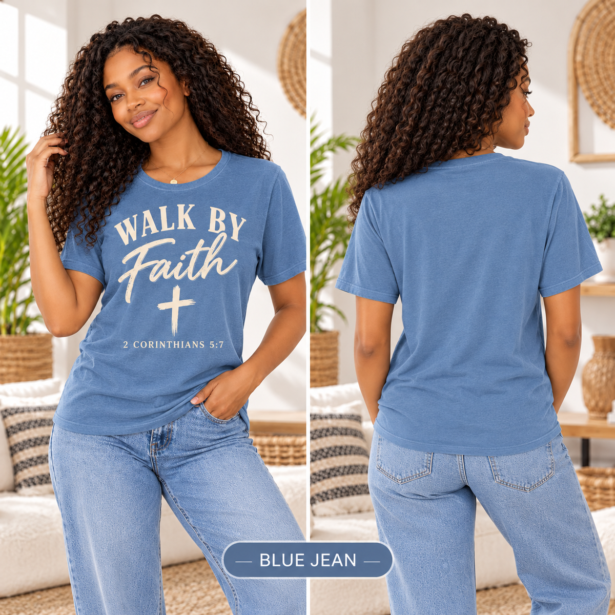 Walk by Faith Blue Jean front and plain back, model mockup
