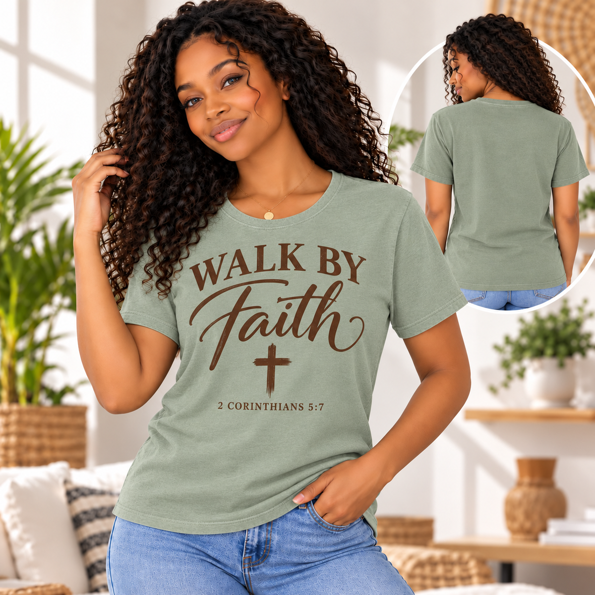 Walk by Faith bay model shirt front and plain back