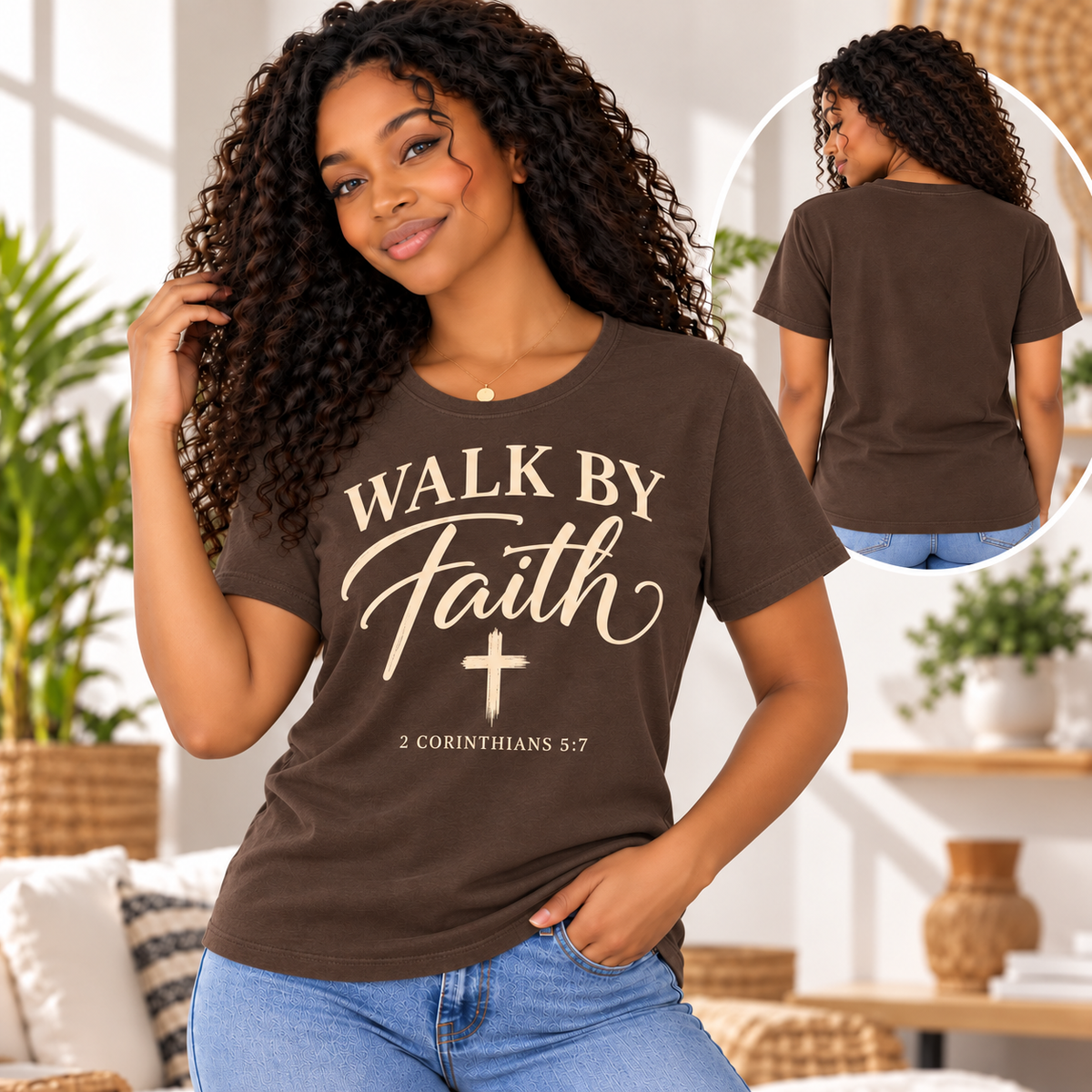 Walk by Faith espresso model shirt front and plain back