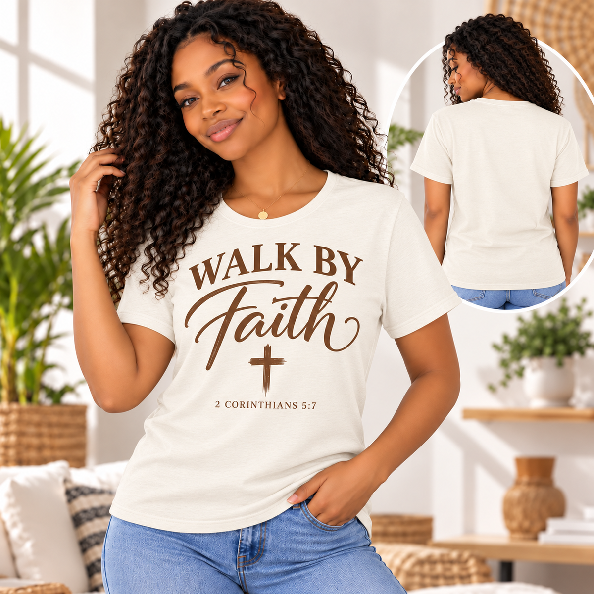 Walk by Faith ivory model shirt front and plain back