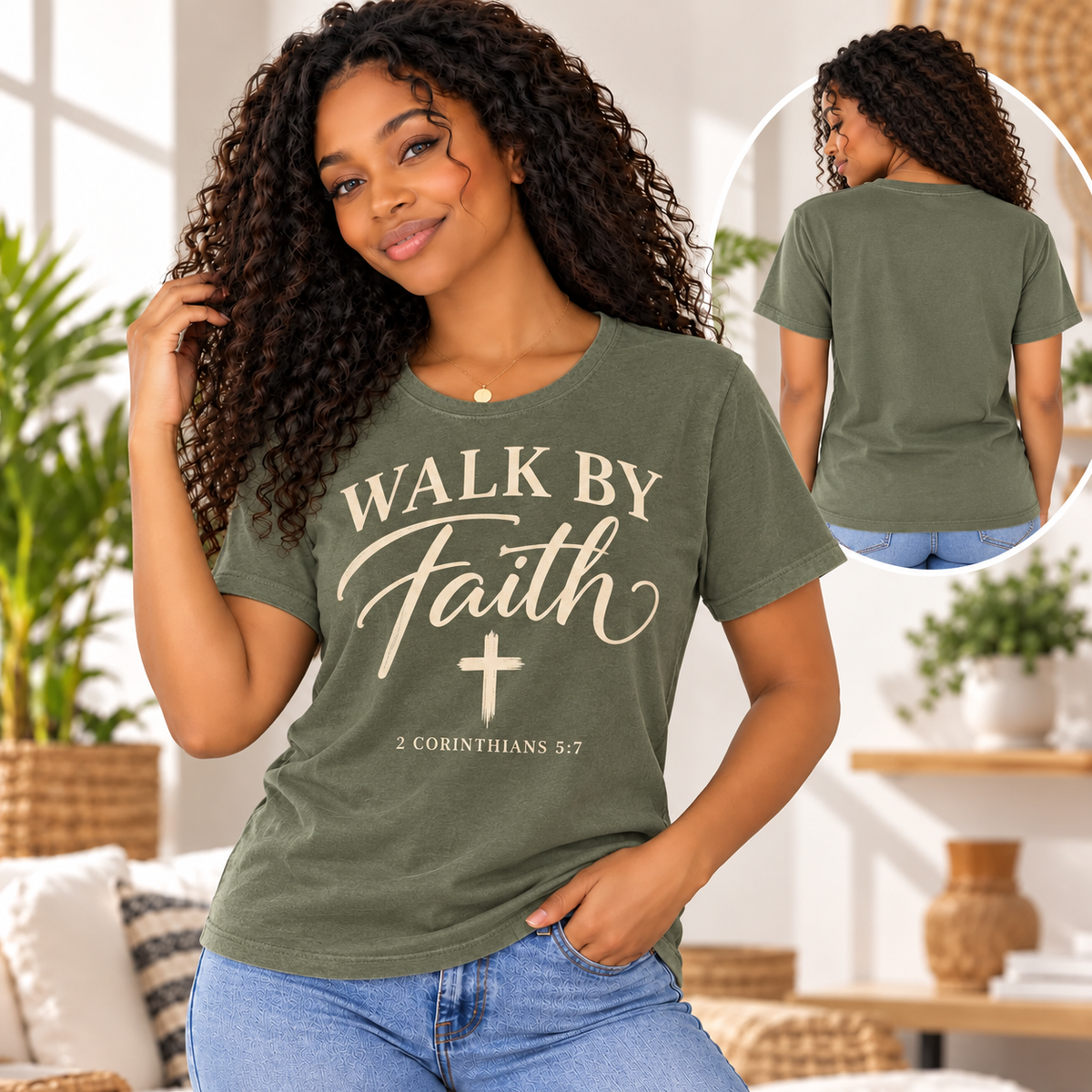Walk by Faith moss model shirt front and plain back